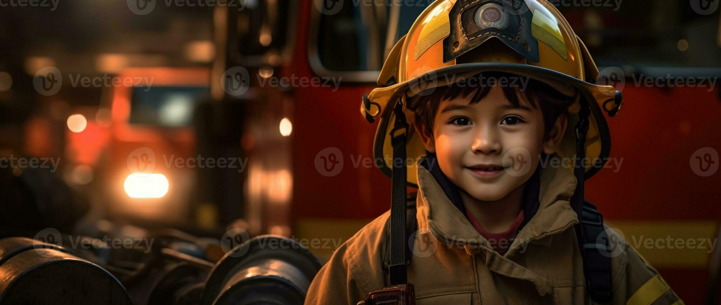 Porträt von glücklich asiatisch Junge tragen Feuerwehrmann Uniform mit Feuer LKW im Hintergrund ai generiert foto