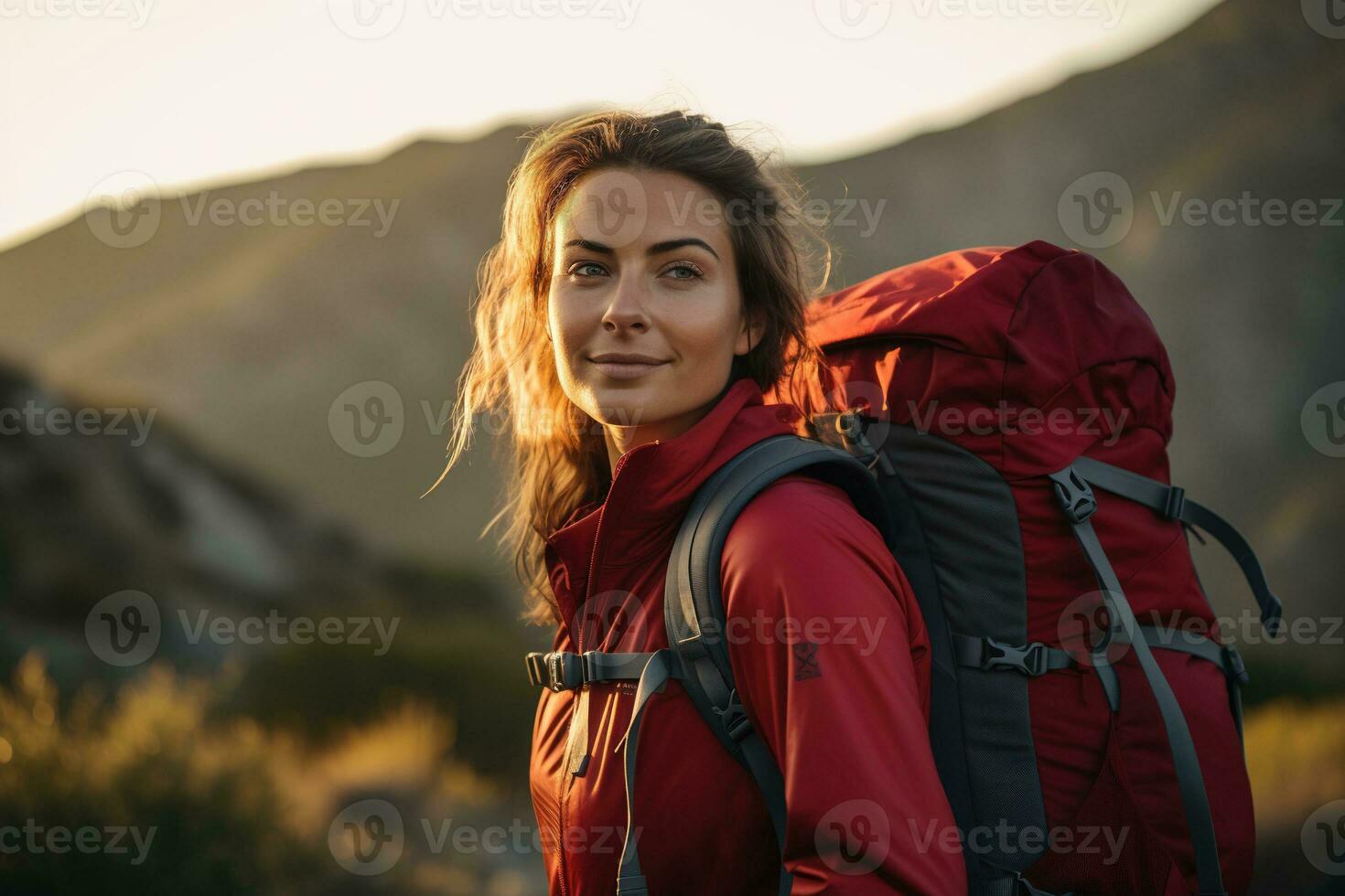 schön Frau Wanderer mit Rucksack Wandern im das Berge beim Sonnenuntergang ai generiert foto