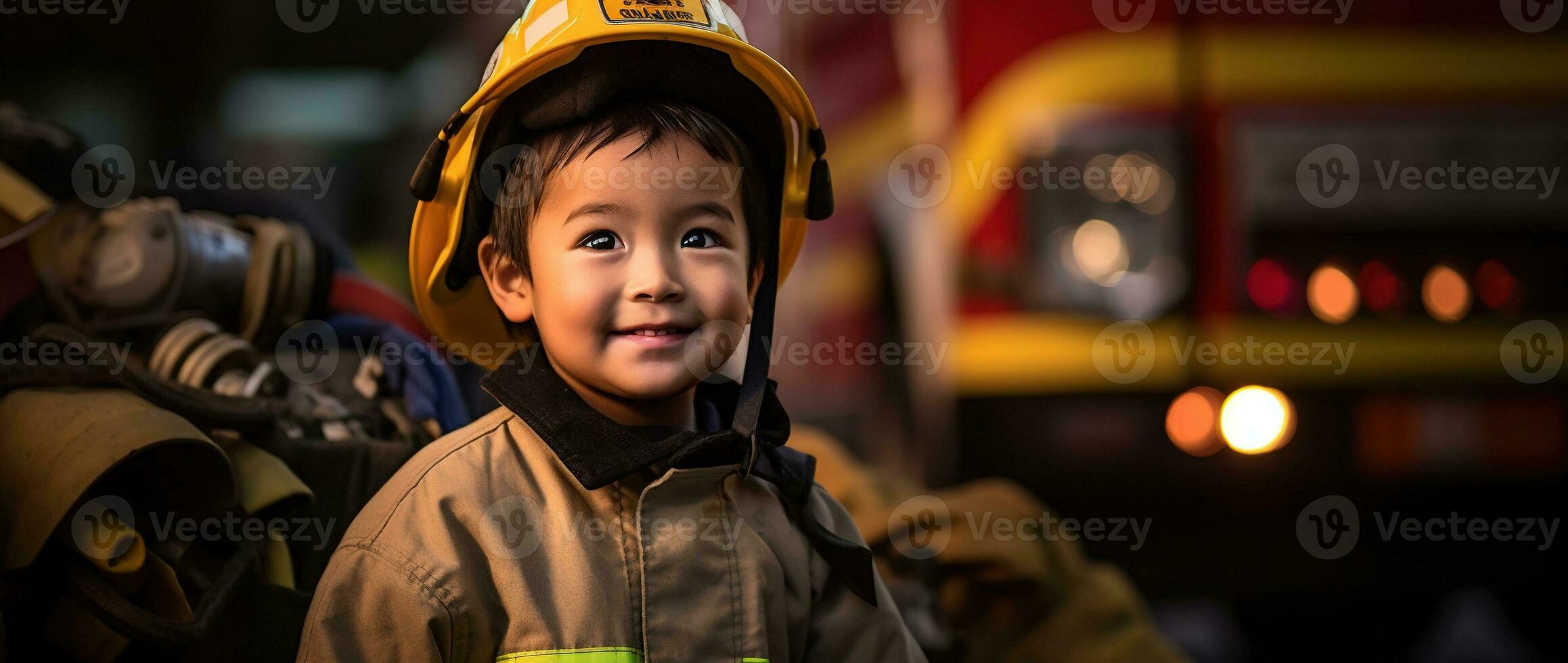 Porträt von glücklich asiatisch Junge tragen Feuerwehrmann Uniform mit Feuer LKW im Hintergrund ai generiert foto