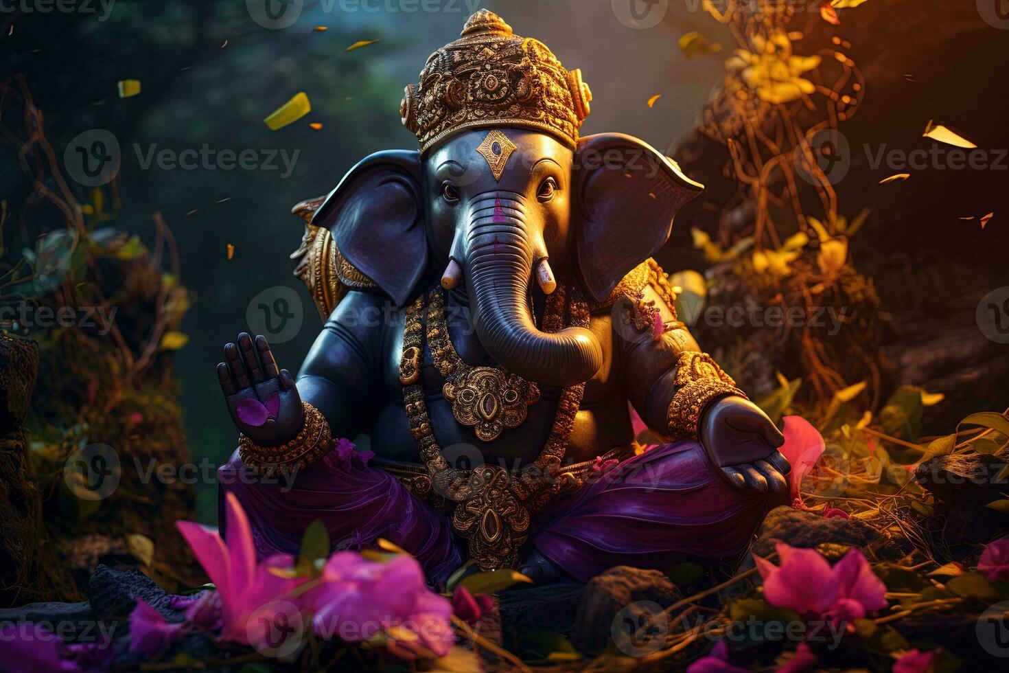 Hindu Gott Ganesha mit Blumen ai generiert foto