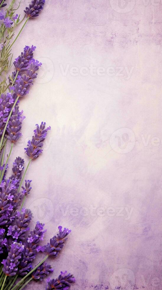 texturiert Hintergrund umgeben durch Lavendel Blumen, Hintergrund Bild, Vertikale Format, generativ ai foto