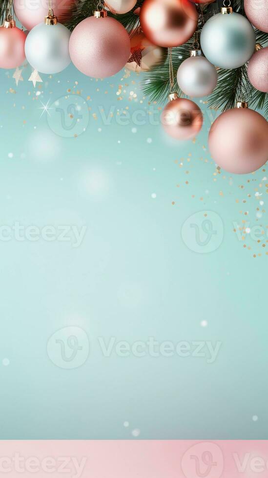 ein Pastell- Hintergrund umgeben durch Weihnachten Dekoration, Vertikale Format, Hintergrund Bild, generativ ai foto
