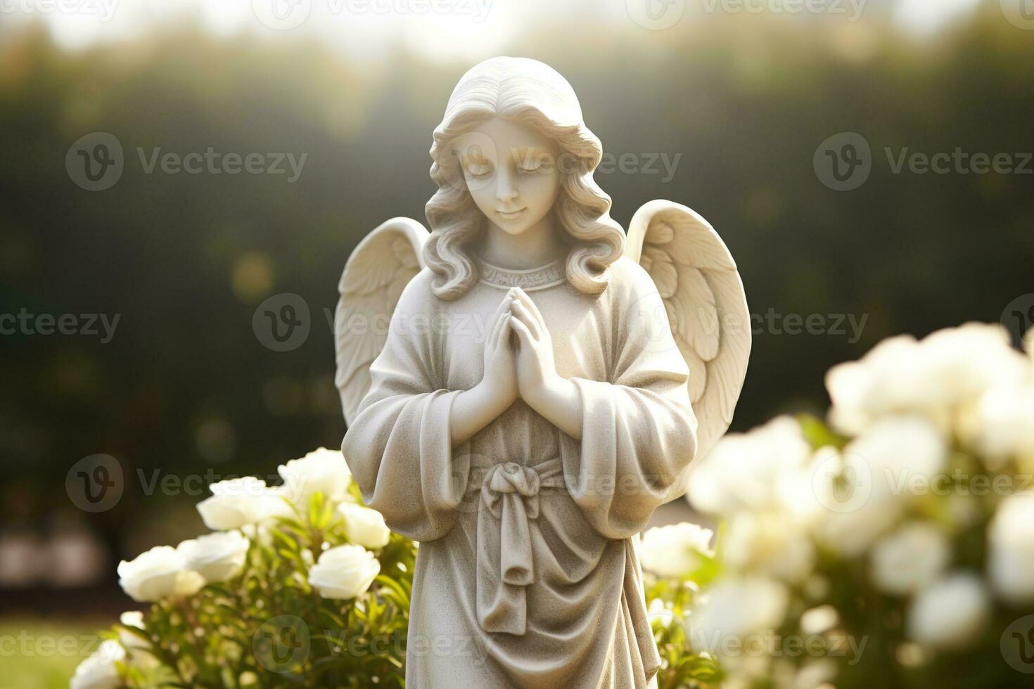 Engel Statue mit Weiß Rosen im das Friedhof.religiös Hintergrund ai generiert foto