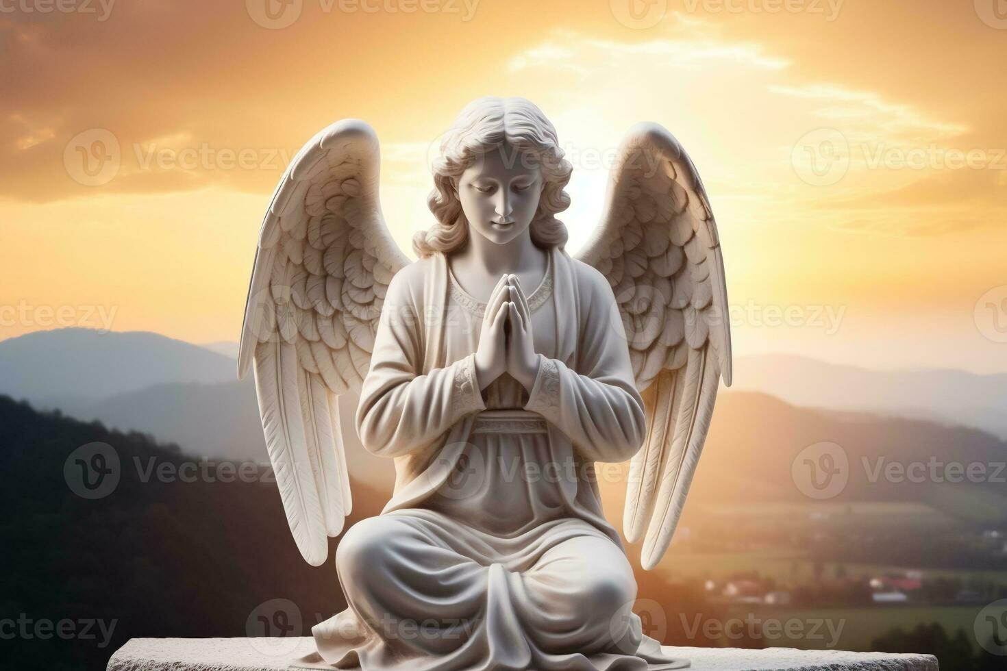 Engel Statue mit Sonnenaufgang im das Hintergrund, Religion und Spiritualität Konzept. ai generiert foto