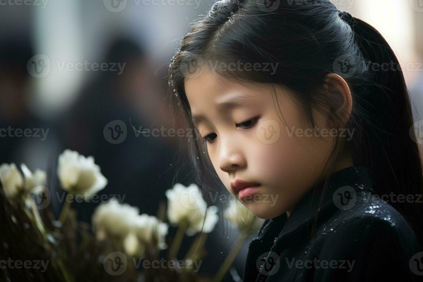 Porträt von ein wenig asiatisch Mädchen mit im das Friedhof, Beerdigung Konzept ai generiert foto