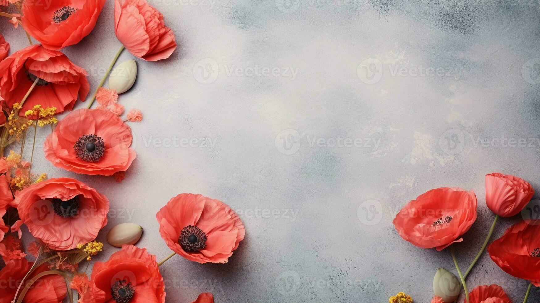 Raum zum Text auf texturiert Hintergrund umgeben durch Mohn Blumen von oben Sicht, Hintergrund Bild, ai generiert foto