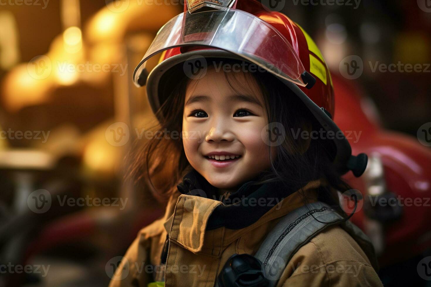 Porträt von ein süß wenig asiatisch Mädchen tragen ein Feuerwehrmann Uniform ai generiert foto