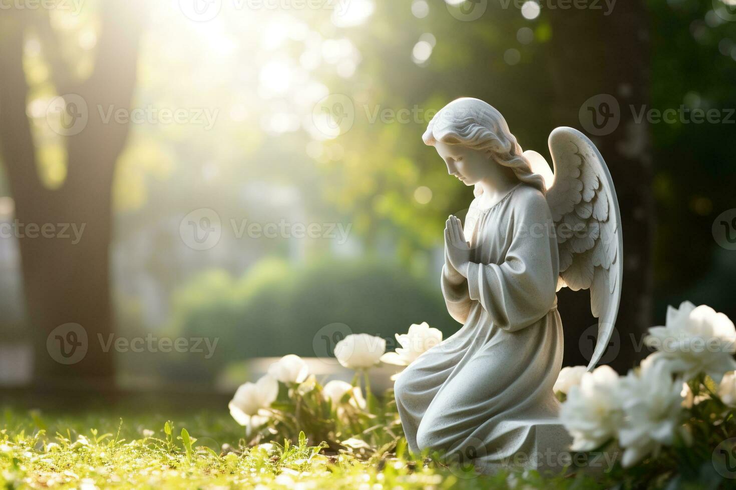 Engel Statue mit Weiß Rosen im das Friedhof.religiös Hintergrund ai generiert foto