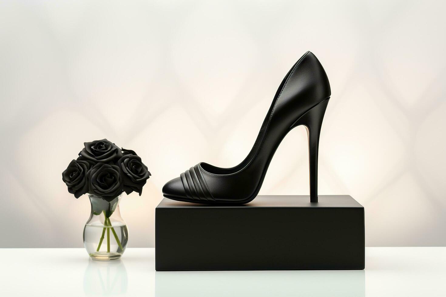 schön elegant schwarz Damen hoch Hacke Schuhe Stehen auf ein schwarz Podium. Weiß Hintergrund. Seite Sicht. generiert durch künstlich Intelligenz foto