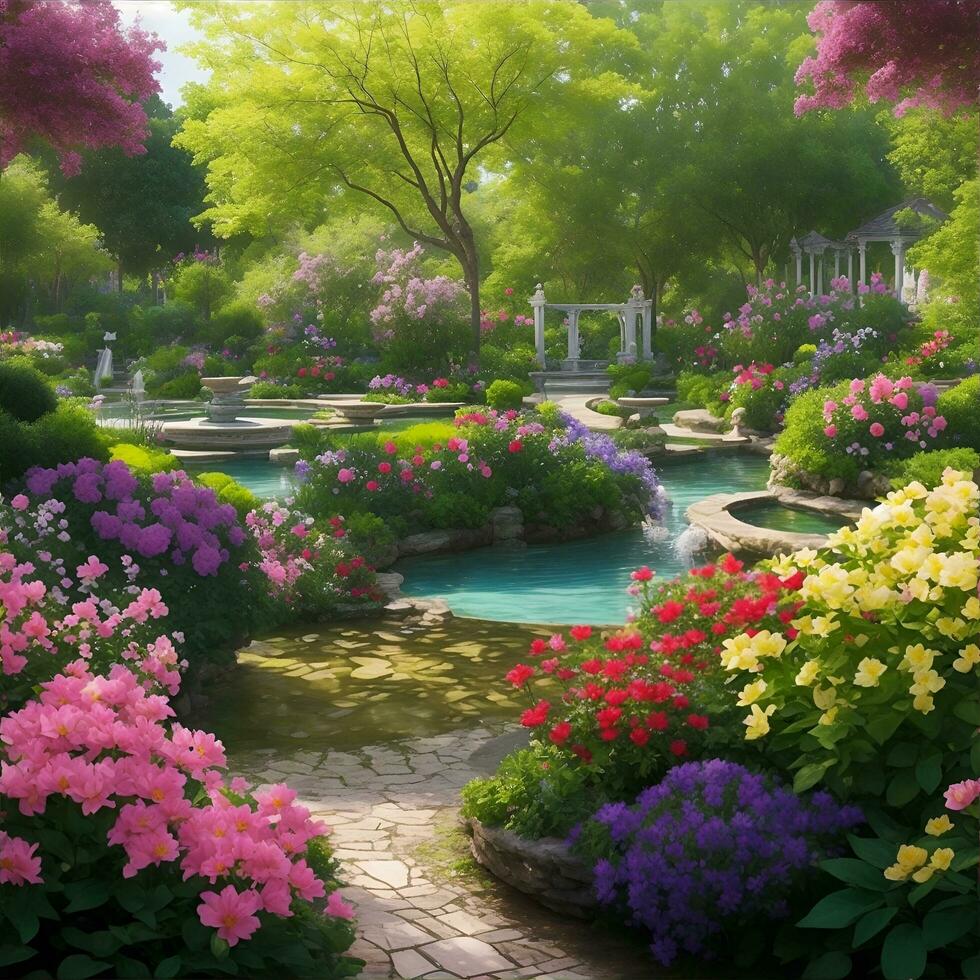schön Garten Aussicht mit verschiedene Blumen, ai generiert. foto