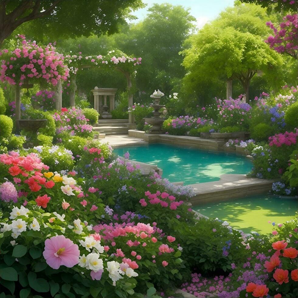 schön Garten Aussicht mit verschiedene Blumen, ai generiert. foto