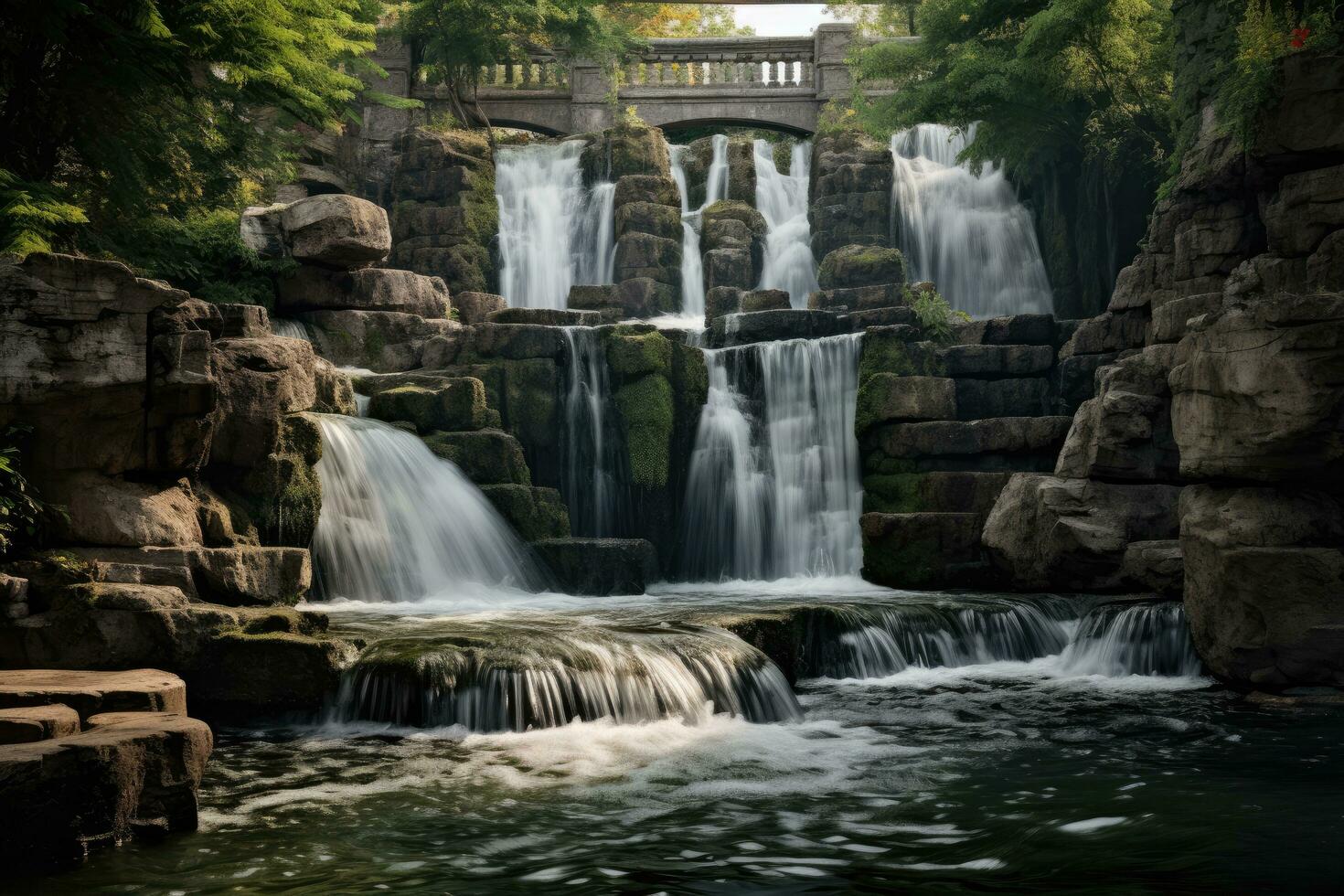 lange Exposition von ein Wasserfall im ein Park im Neu York Stadt, Wasserfall im das Park, ai generiert foto