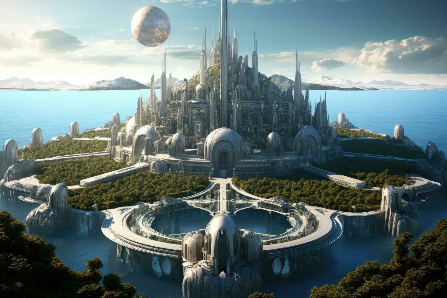 Fantasie Außerirdischer Planet. 3d machen Illustration. Fantasie Welt, utopisch Zivilisation, utopisch Stadt, Zukunft von Menschheit, die Architektur von Morgen, utopisch Welt, ai generiert foto