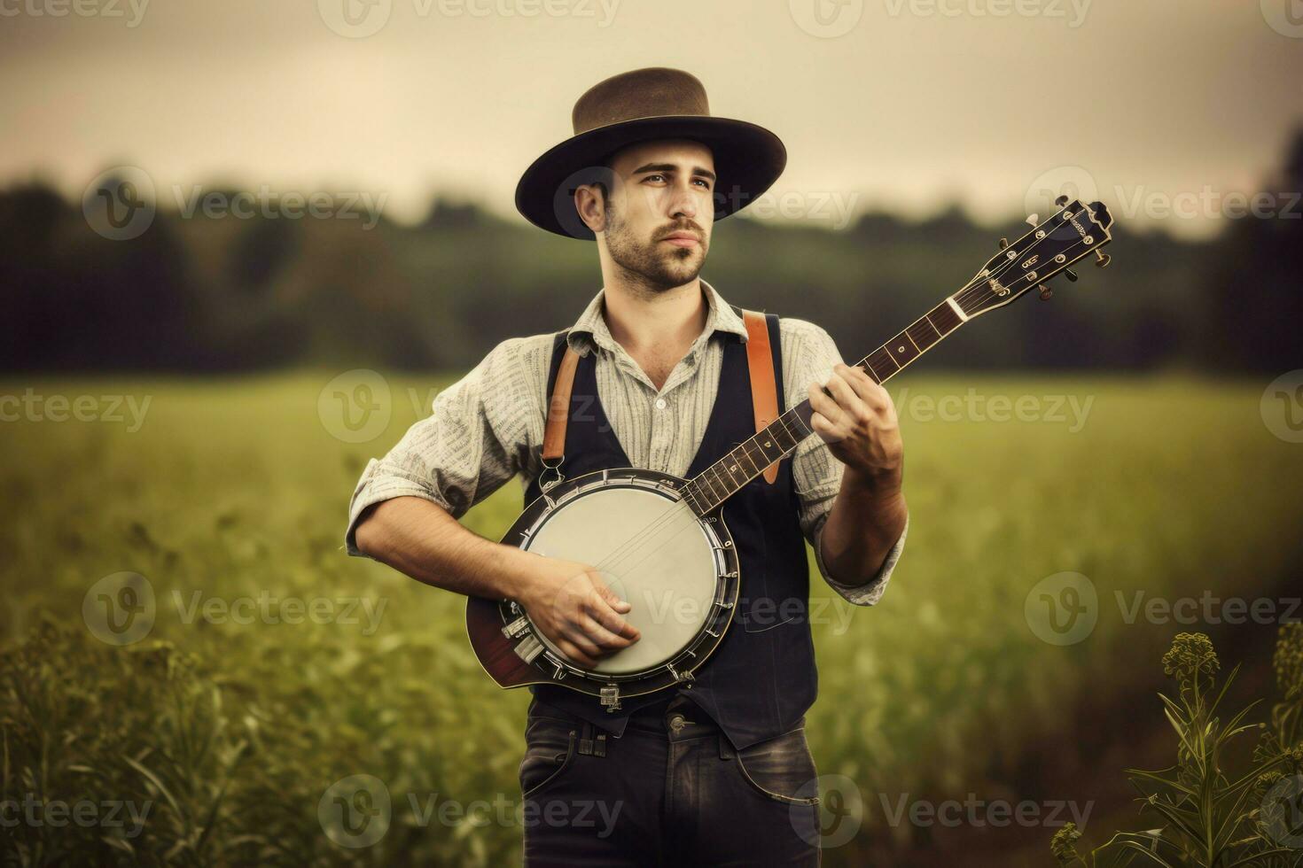 gut aussehend Land Sänger Cowboy Hut. generieren ai foto