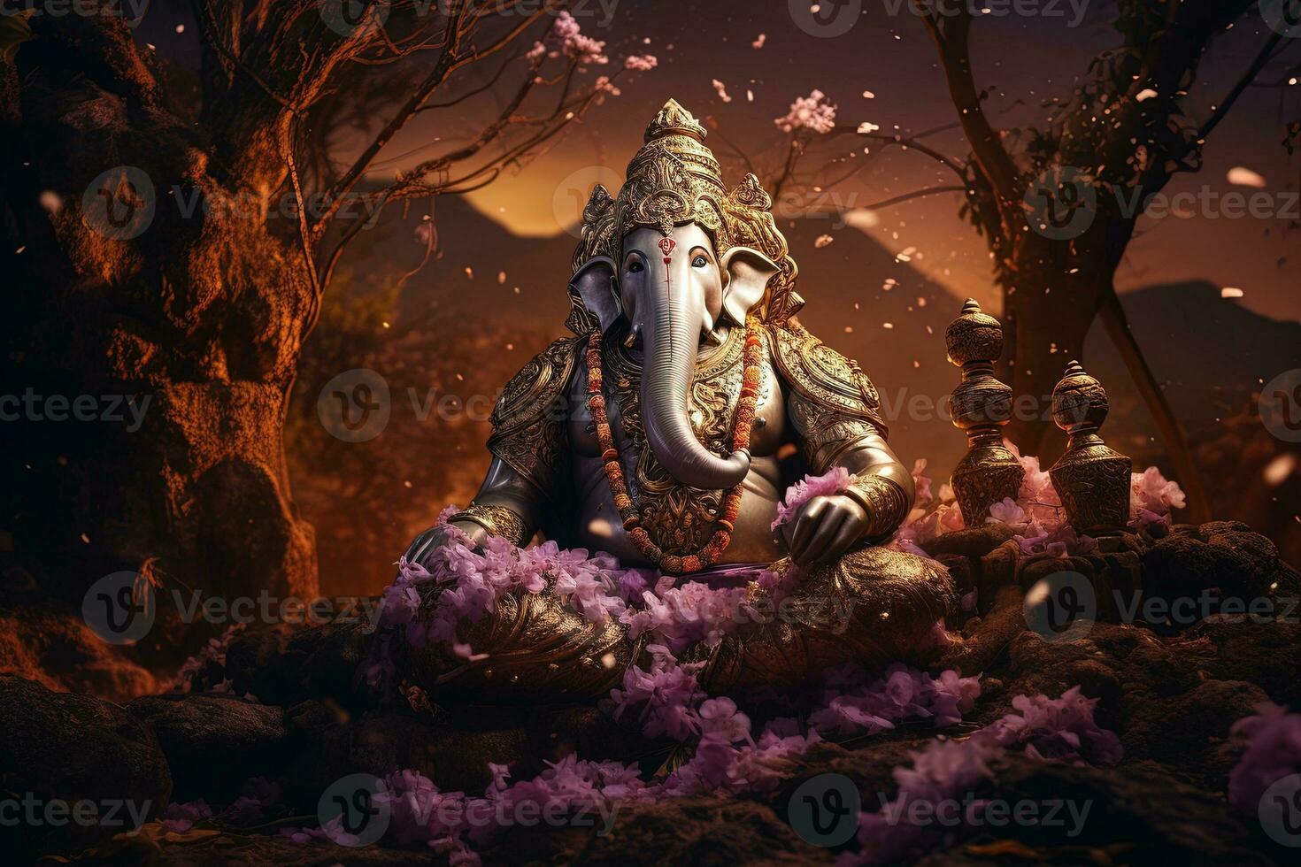 Hindu Gott Ganesha mit Blumen ai generiert foto