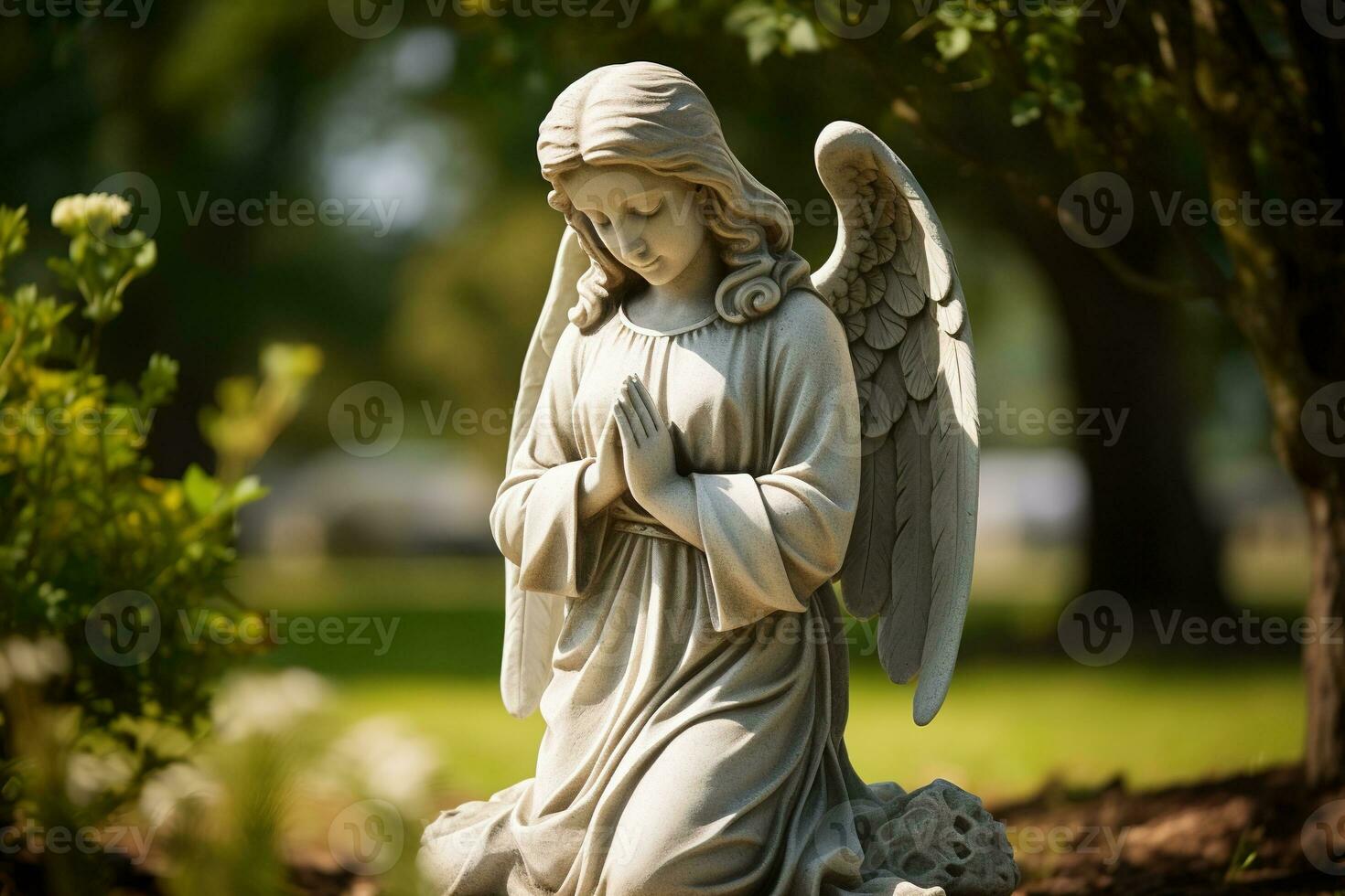 Engel Statue mit Weiß Rosen im das Friedhof.religiös Hintergrund ai generiert foto