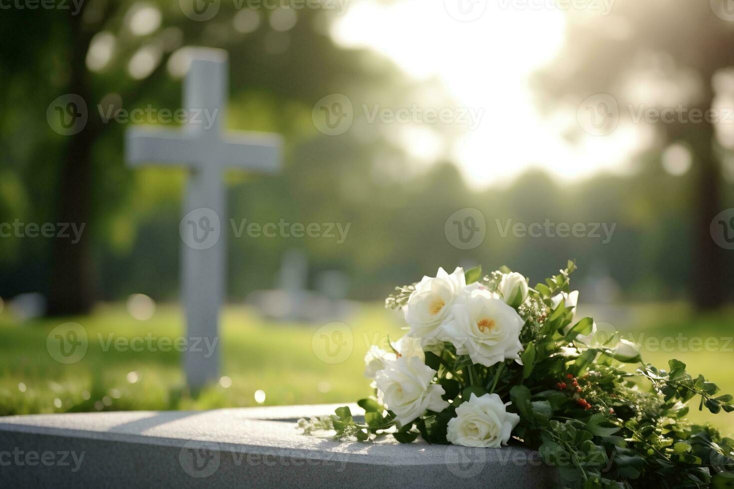 Weiß Blumen im Vorderseite von ein Grabstein beim ein Friedhof mit Sonnenuntergang.Beerdigung Konzept ai generiert foto