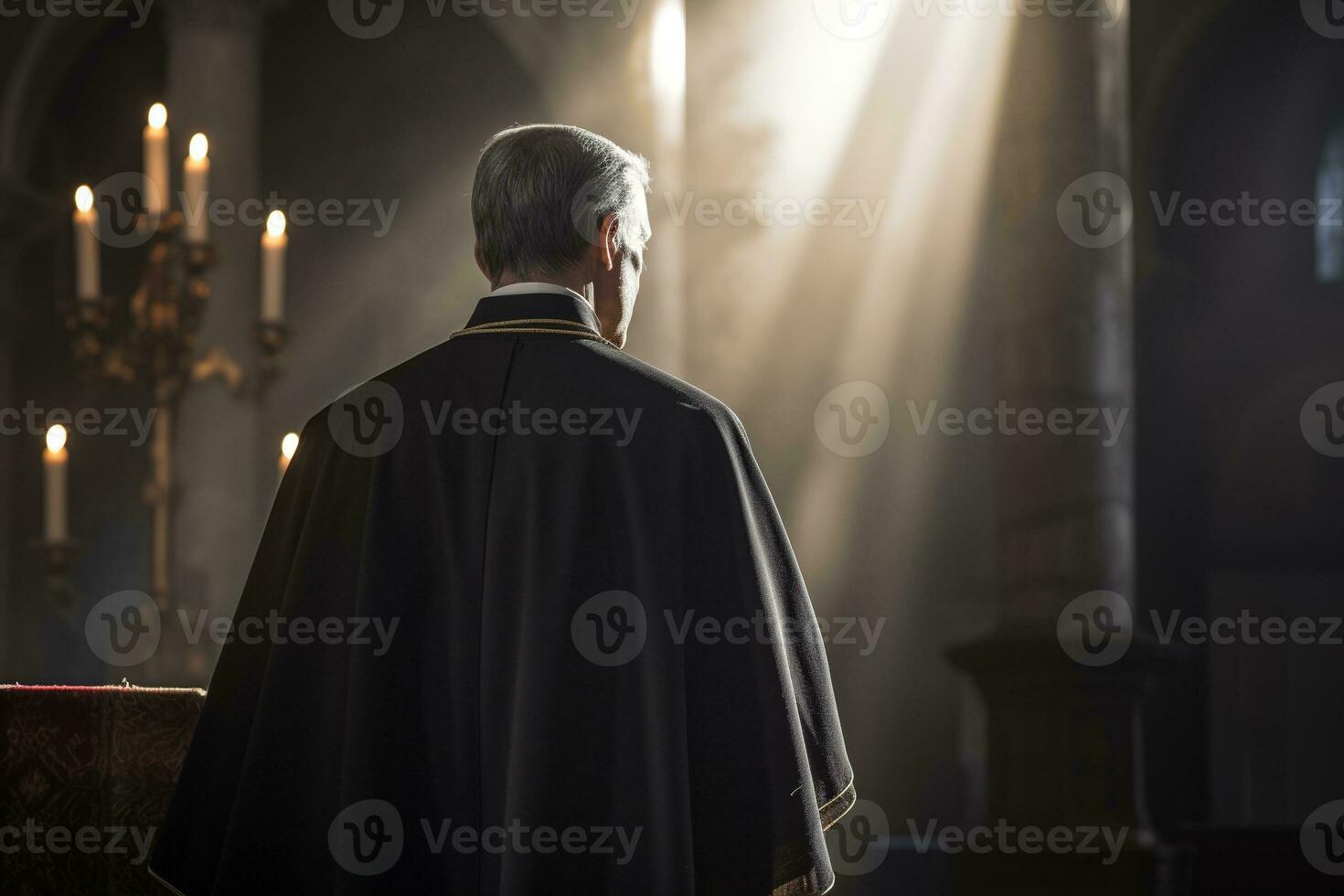 Rückseite Aussicht von Priester suchen beim Kirche Innere. Religion Konzept. ai generiert foto