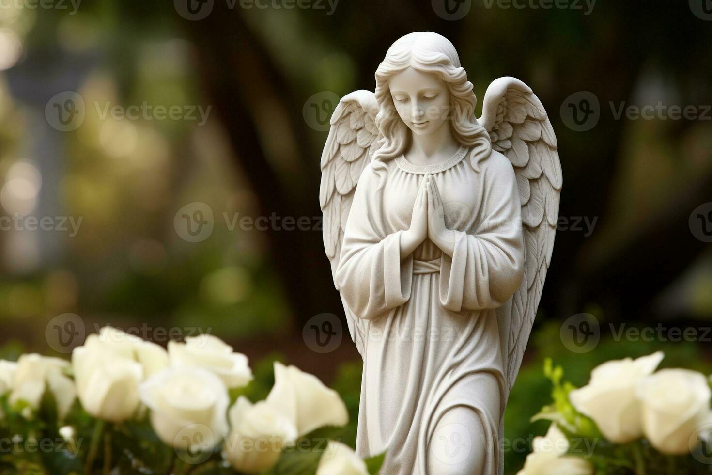 Engel Statue mit Weiß Rosen im das Friedhof.religiös Hintergrund ai generiert foto