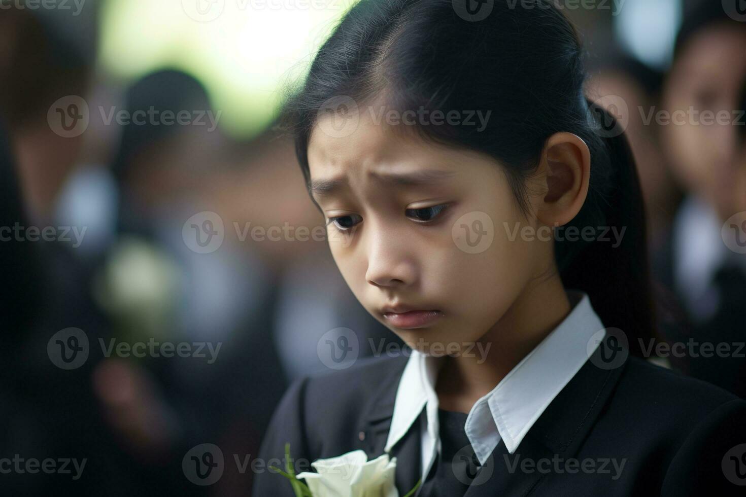 Porträt von ein wenig asiatisch Mädchen mit im das Friedhof, Beerdigung Konzept ai generiert foto