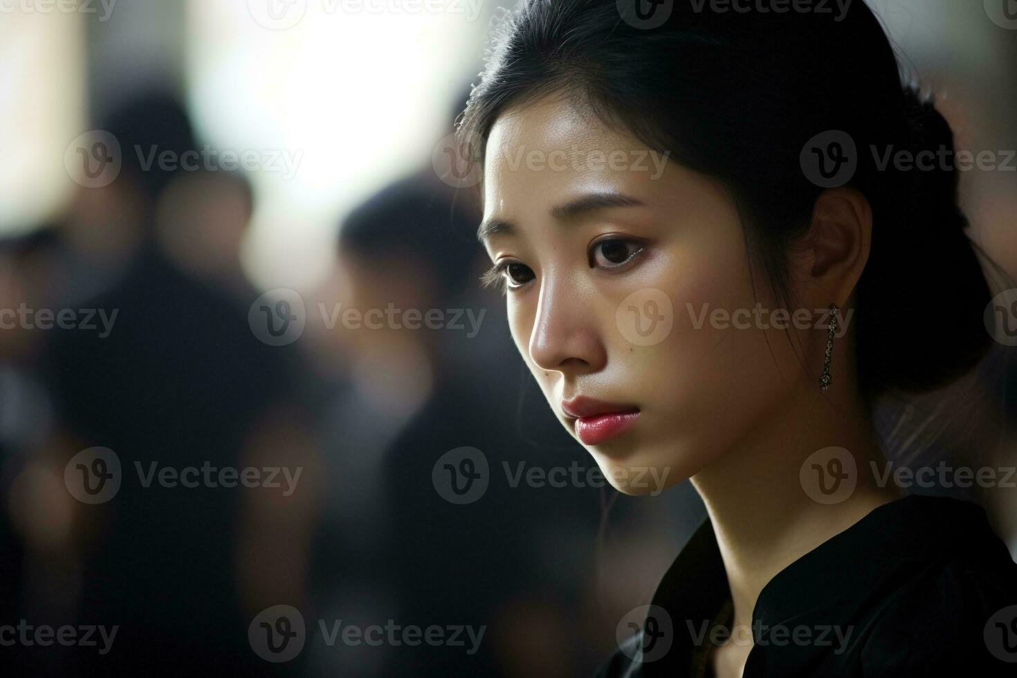 Porträt von ein wenig asiatisch Mädchen mit im das Friedhof, Beerdigung Konzept ai generiert foto