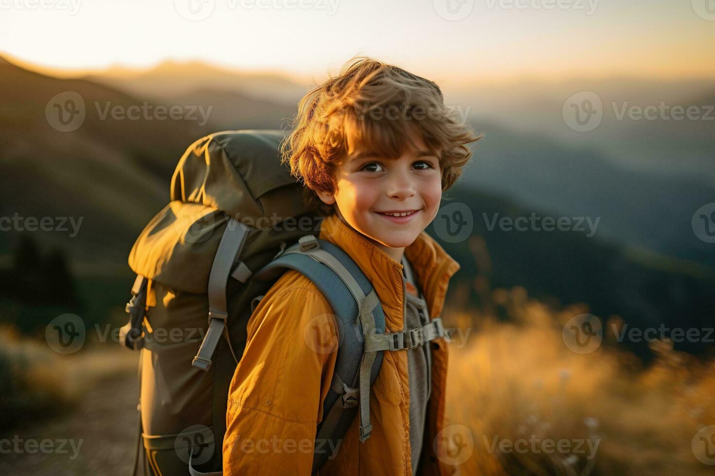 bezaubernd wenig Junge mit Rucksack Wandern im Berge beim Sonnenuntergang. Reise und aktiv Lebensstil Konzept ai generiert foto