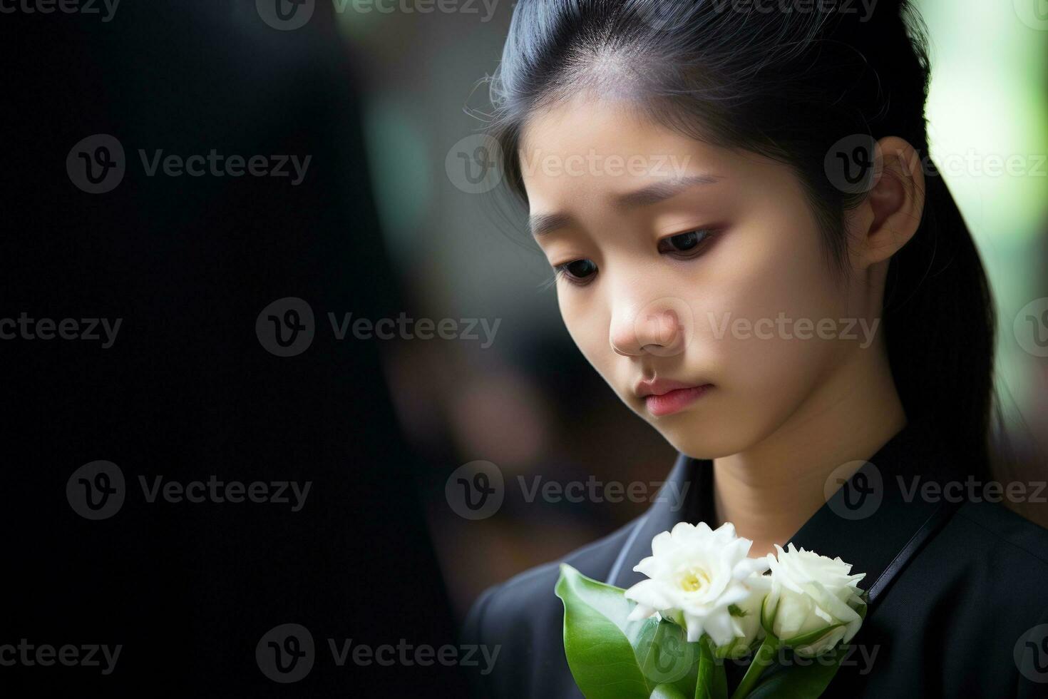 Porträt von ein wenig asiatisch Mädchen mit im das Friedhof, Beerdigung Konzept ai generiert foto