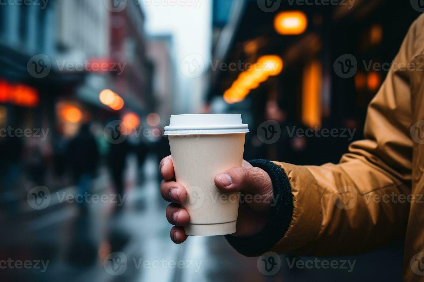 Person mit ein einer Weg Kaffee Tasse im einer hand.ai generativ foto