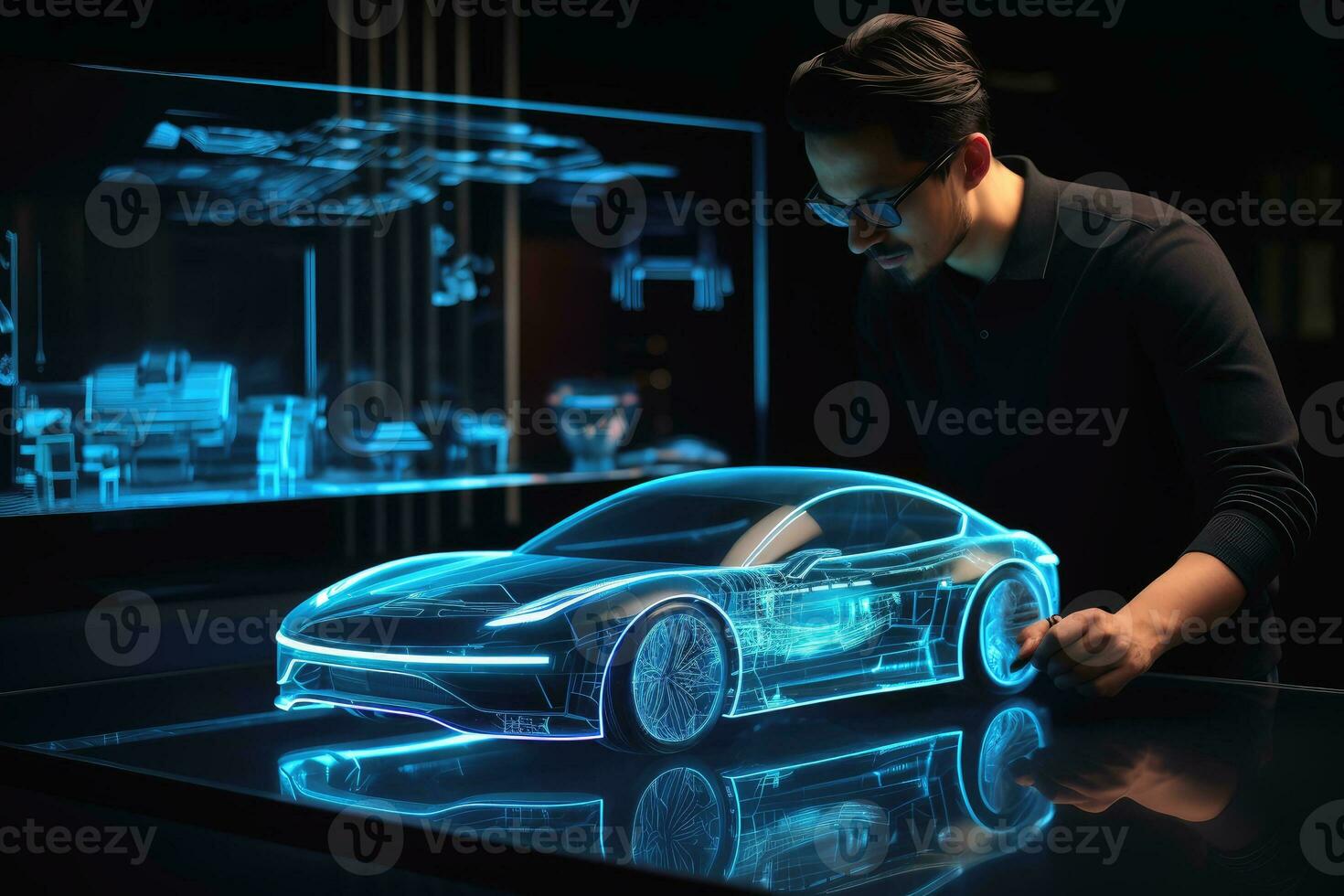 ein elektrisch Auto Entwickler beim Arbeit auf ein fortgeschritten holographisch display.ai generativ foto