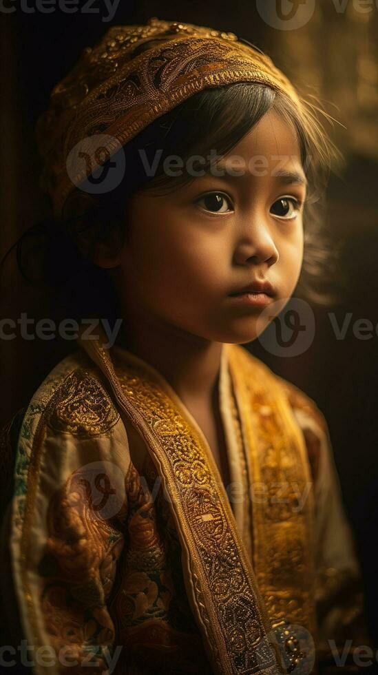 schön wenig Mädchen im traditionell indisch Kleidung und ein Gold Turban, einstellen gegen ein dunkel, unscharf Hintergrund - - ai generativ foto