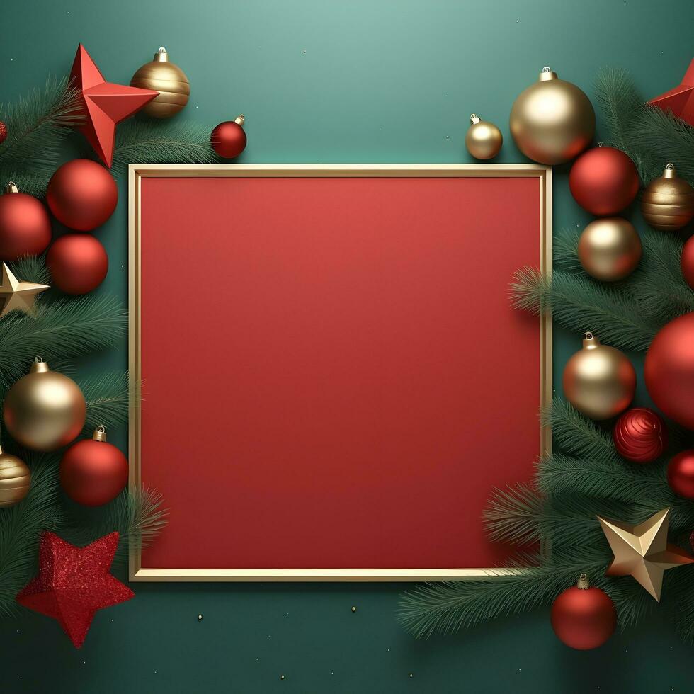 Weihnachten Rahmen mit rot und Gold Dekorationen auf ein Grün Hintergrund. generativ ai foto