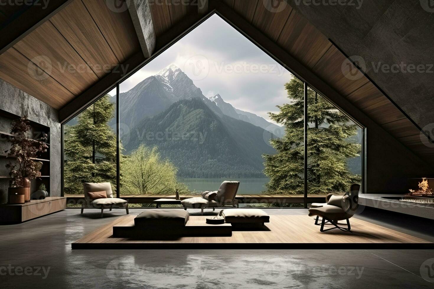 Innere von modern Leben Zimmer mit hölzern Wände, Beton Boden, Panorama- Fenster und Berg Sicht. generativ ai foto