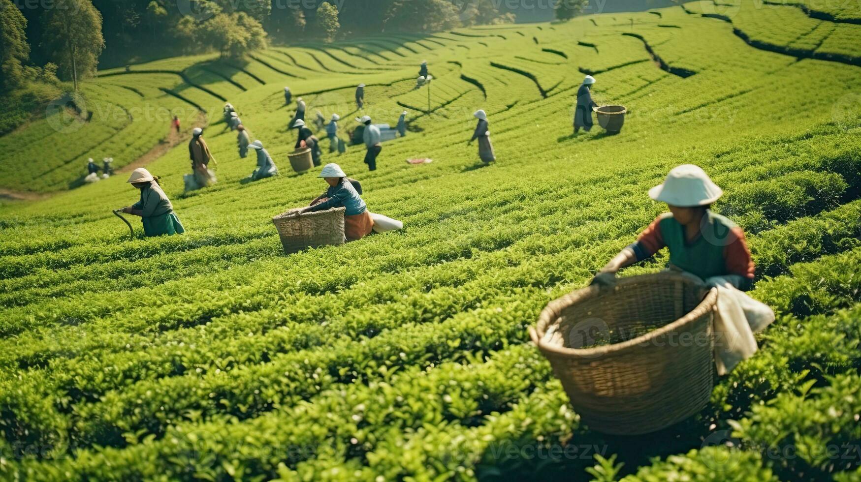 Tee pflücken beim das Tee Plantage beim das Stadt, Dorf von mae Salong Norden von das Stadt Chiang Rai im Norden Thailand. generativ ai foto