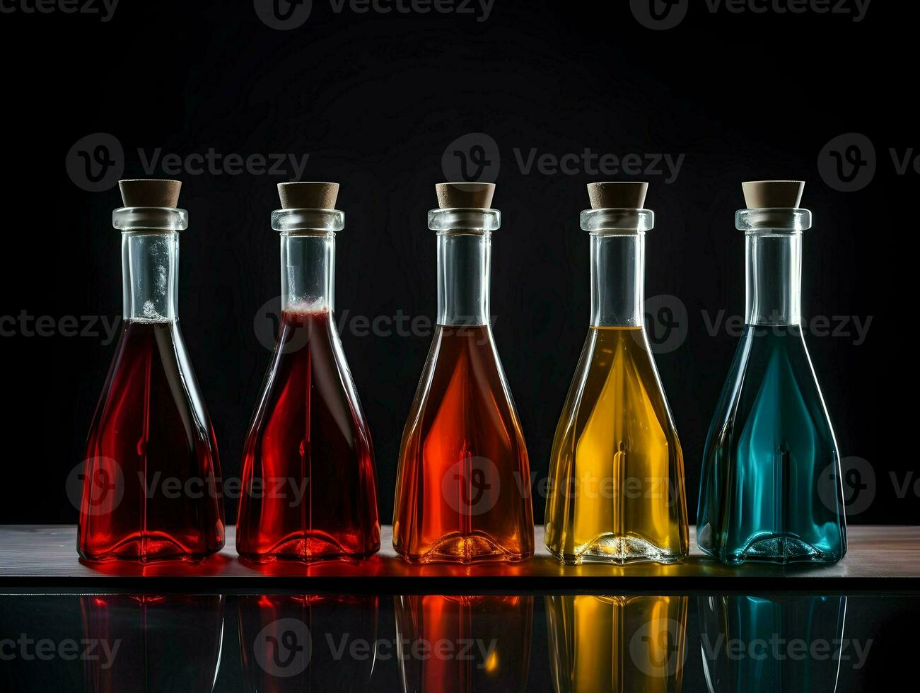 Flaschen mit anders Quellen Stehen im ein Reihe. hoch Qualität. ai generativ foto