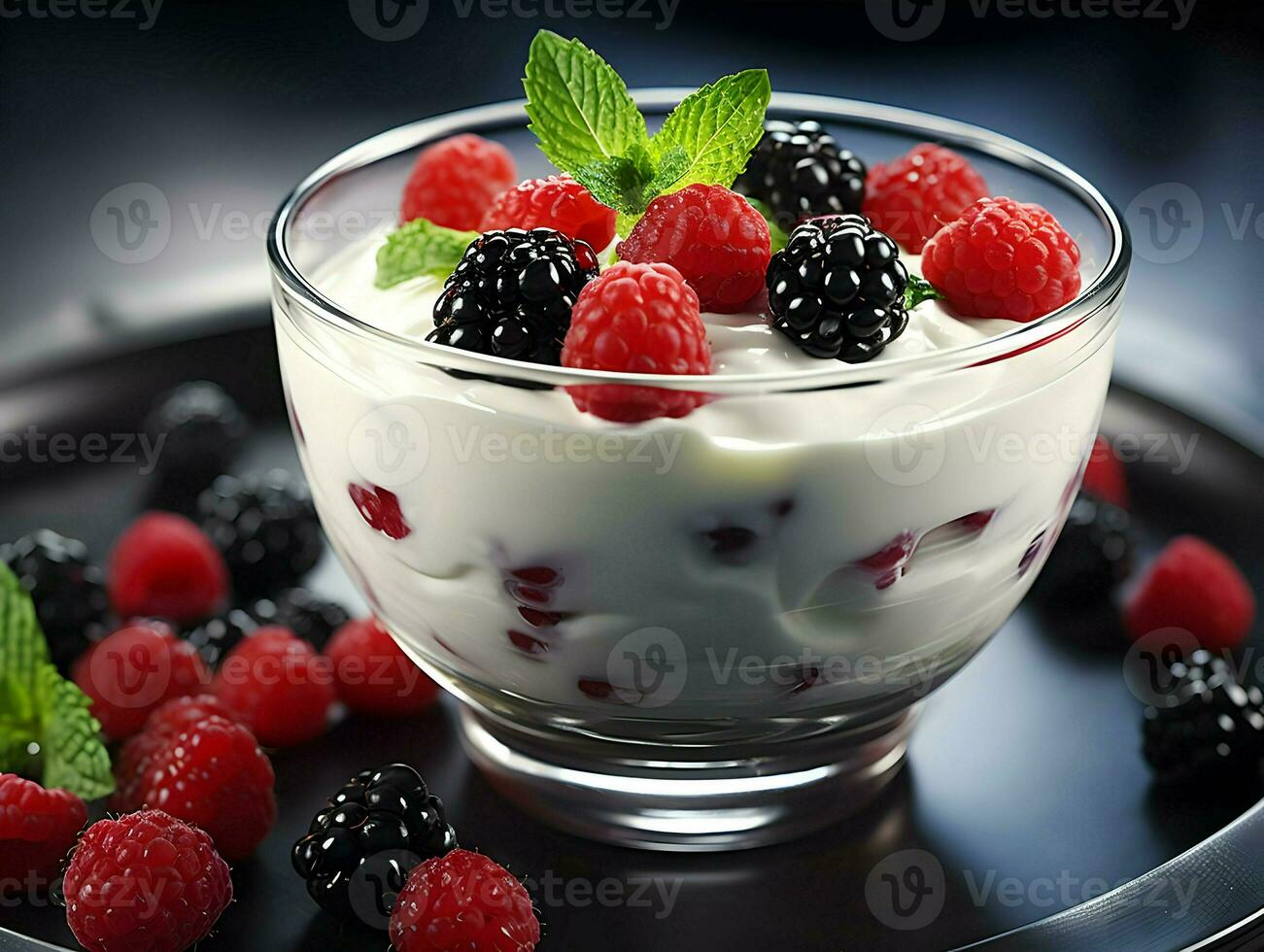 Joghurt mit Eis im ein Glas Schüssel mit Beeren. hoch Qualität. ai generativ foto