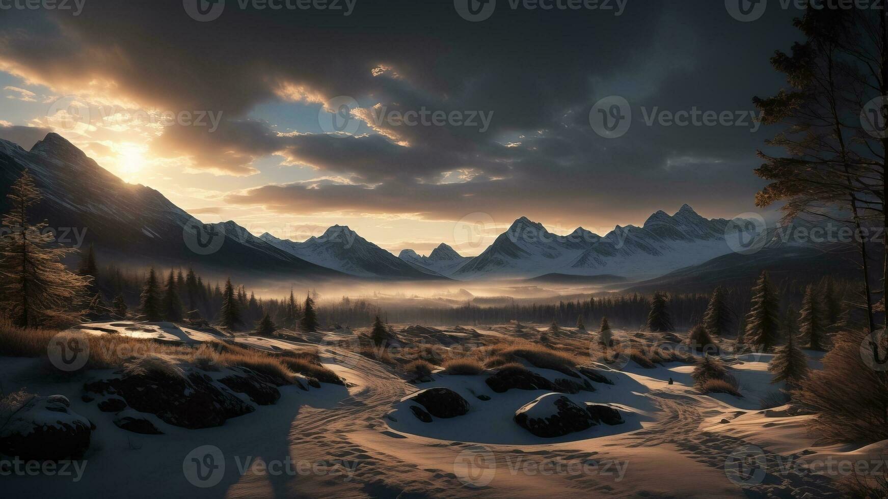Winter Landschaft mit schneebedeckt Berge. ai generiert foto