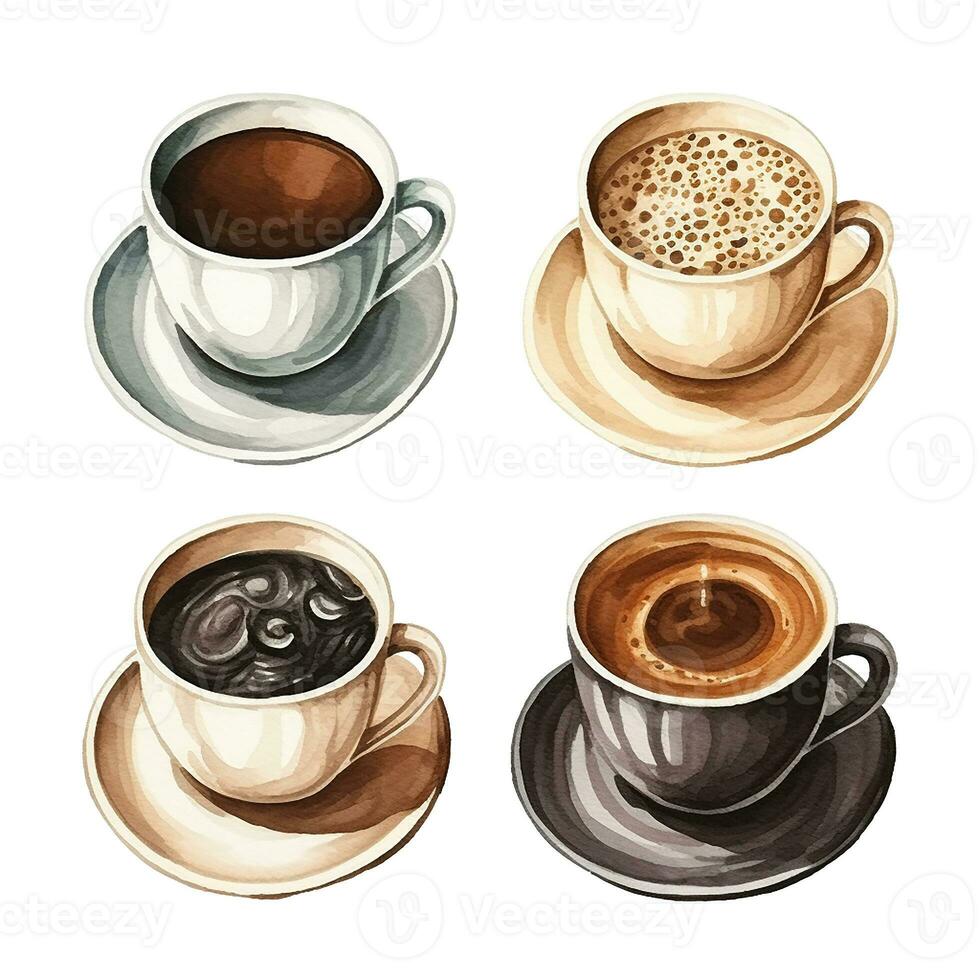 Aquarell Zeichnung, einstellen von Kaffee Tassen. Espresso, Cappuccino, Latté. Abbildungen im Jahrgang Stil. ai generiert foto