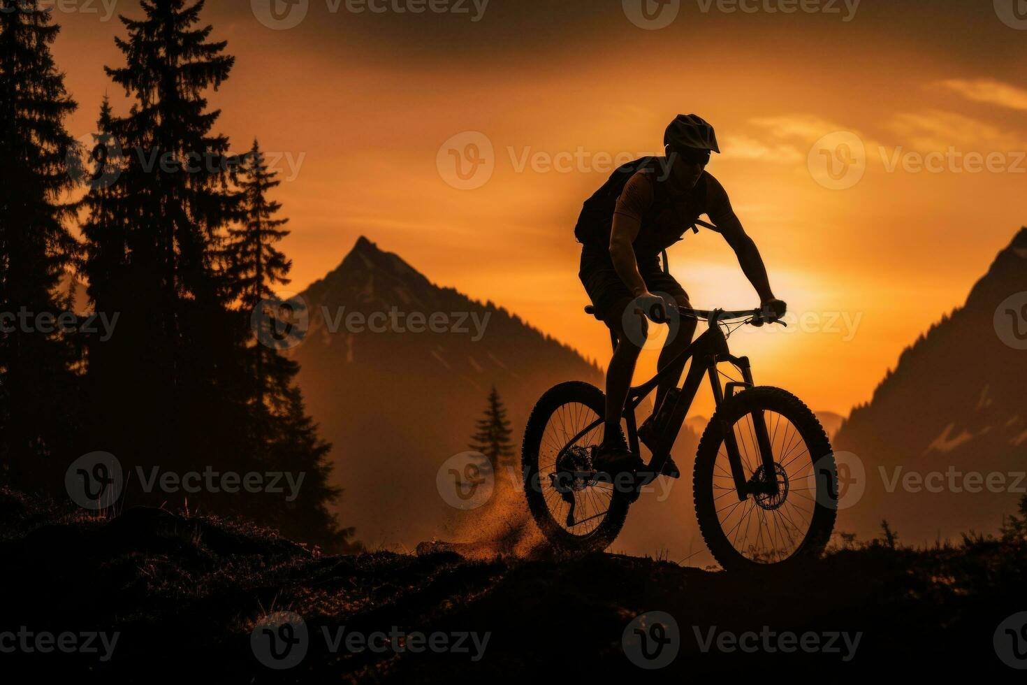 Silhouette von Radfahrer Reiten Fahrrad durch Berge. generativ ai foto