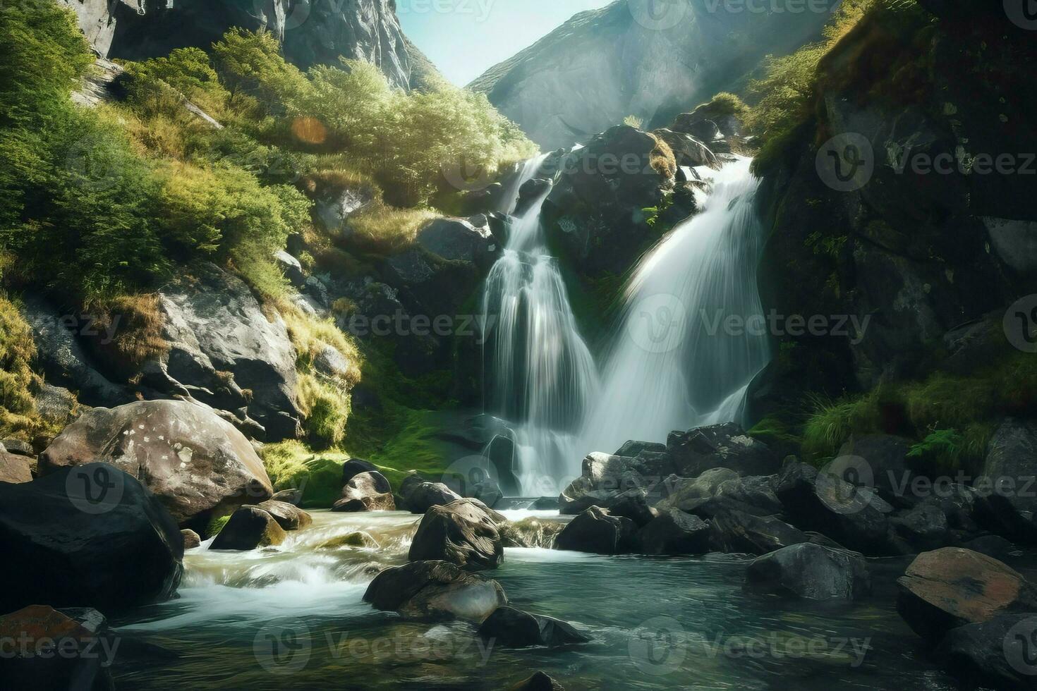 Wasserfall Island Berge Sicht. generieren ai foto
