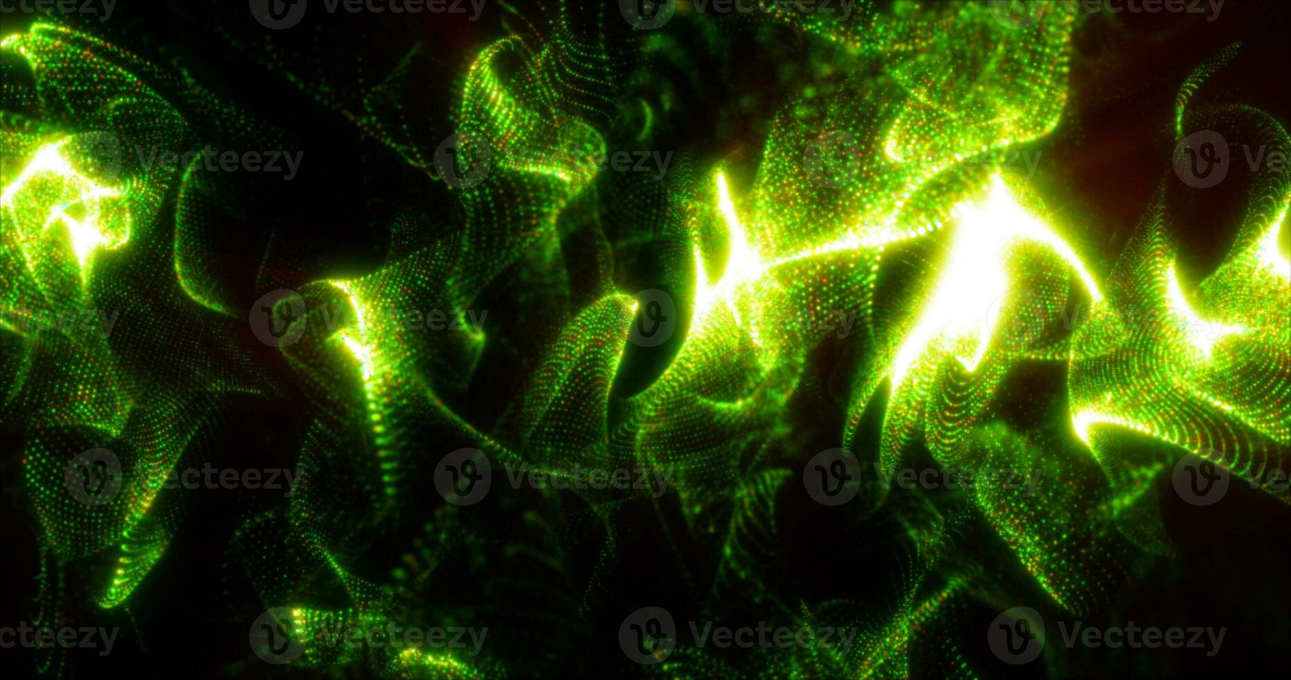 abstrakt Grün Wellen und Rauch von Partikel von Energie magisch hell glühend flüssig, Hintergrund foto