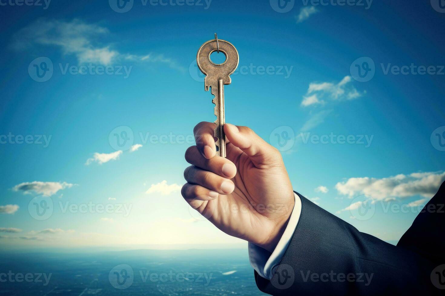 schließen oben Geschäft Mann halten ein Schlüssel im Hand, Anerkennung oder Eigentum Konzept, generativ ai foto