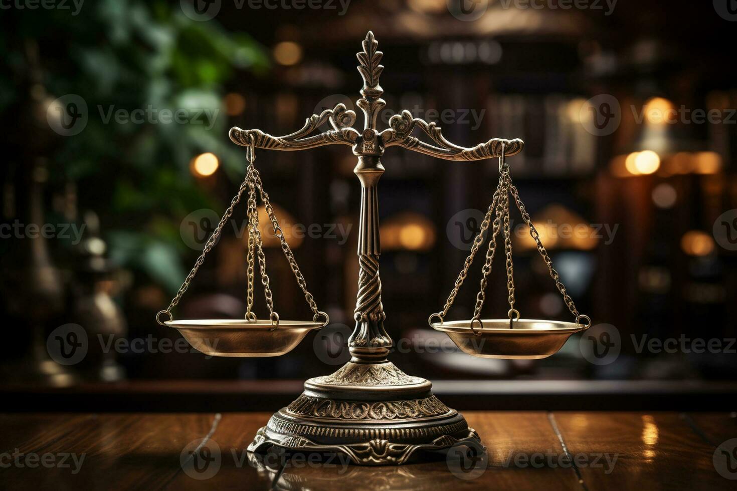 Gesetz und Gerechtigkeit Konzept. Waage von Gerechtigkeit auf hölzern Tisch. ai generativ foto