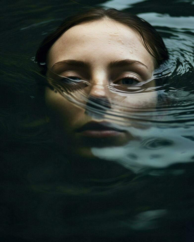 minimalistisch Fotografie erfasst das Friedlichkeit von ein Frau untergetaucht im Wasser mit ihr Augen geschlossen.. generativ ai foto