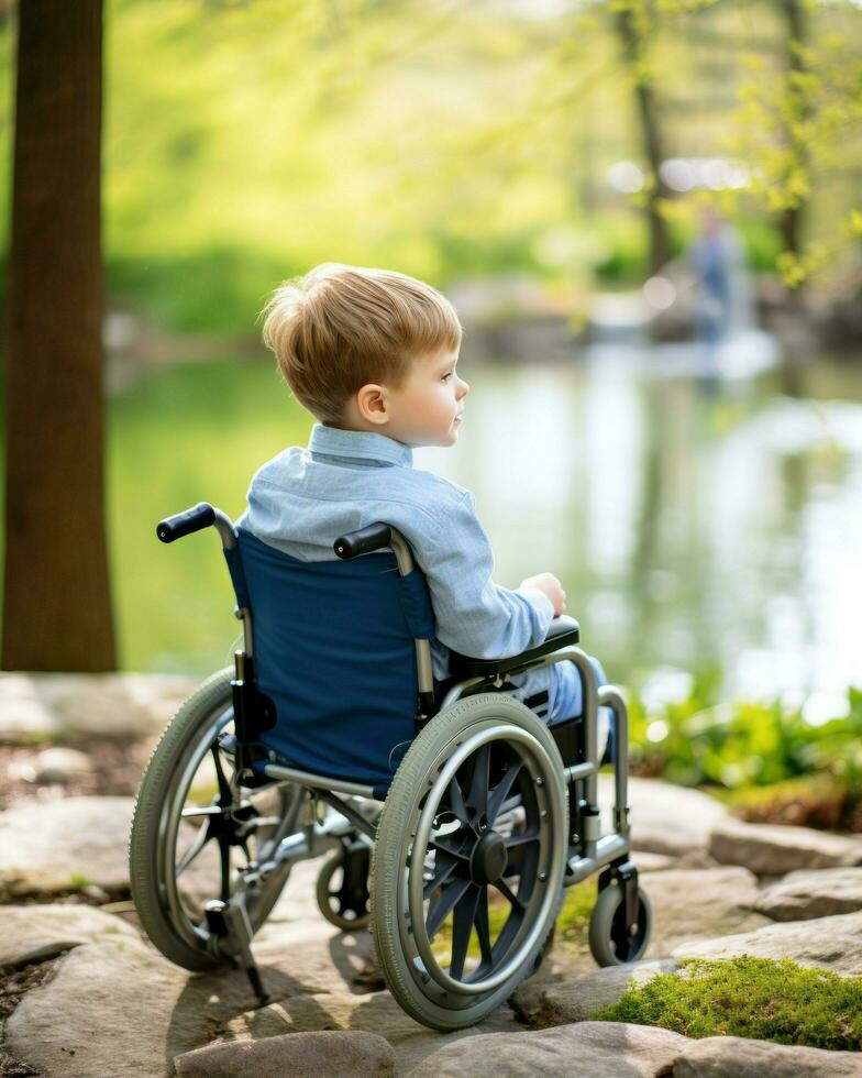 wenig Junge im ein Rollstuhl sitzend mit seine zurück gegenüber ein Sicht. generativ ai foto