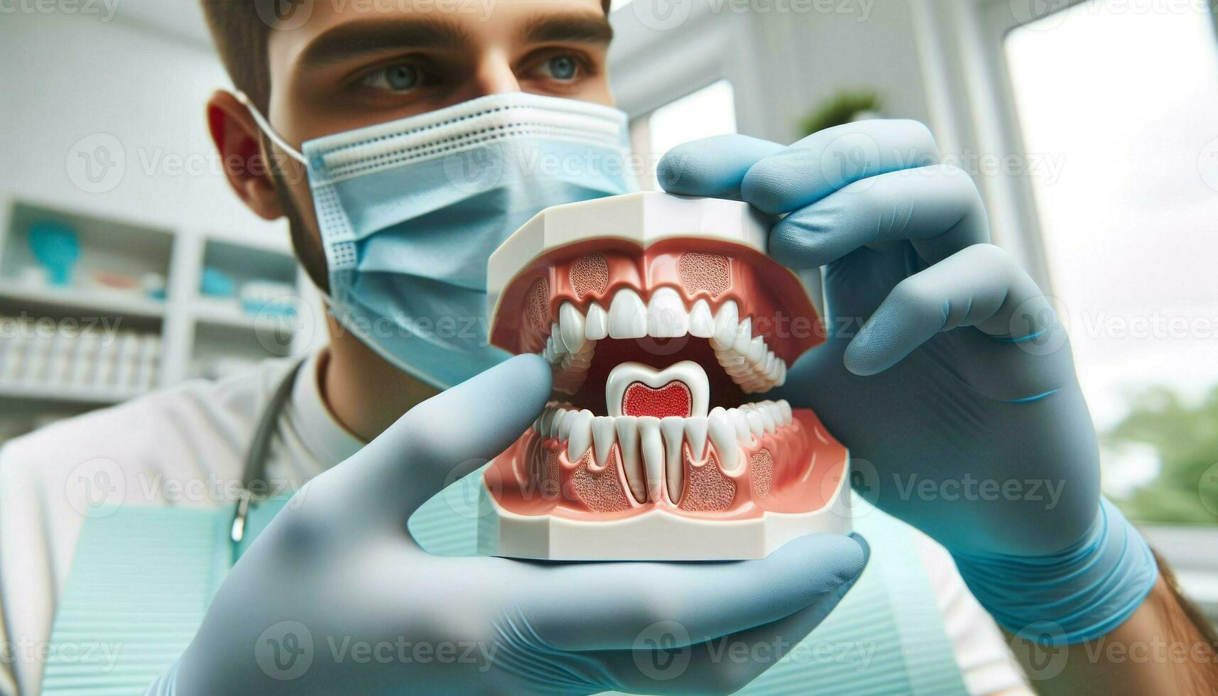 Nahansicht Foto Erfassen das Moment ein Zahnarzt, tragen Handschuhe und Maske, Vitrinen ein Dental Modell- zu ein geduldig.. generativ ai