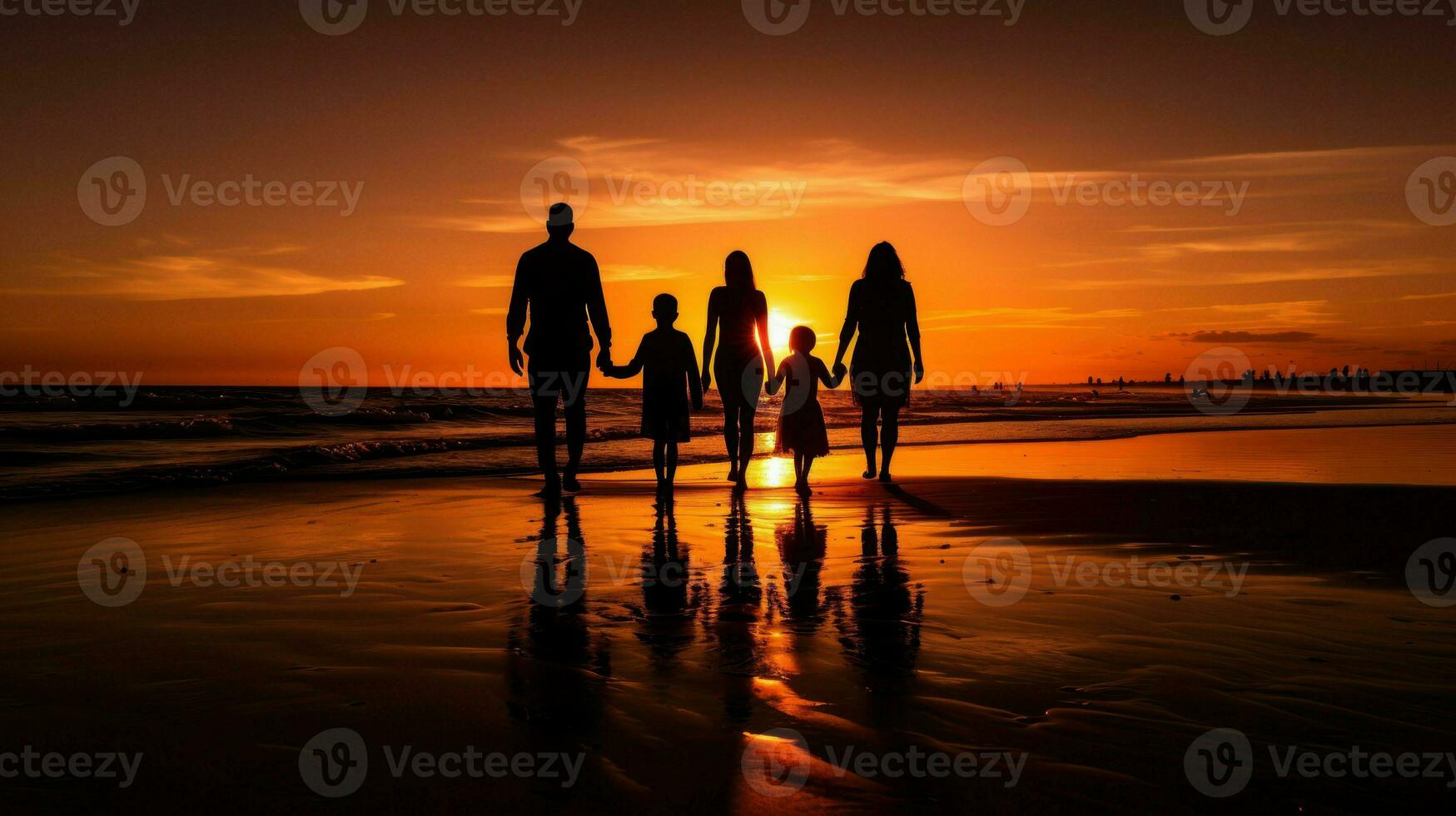 ein Silhouette von ein Familie Stehen auf ein Strand während Sonnenuntergang.. generativ ai foto