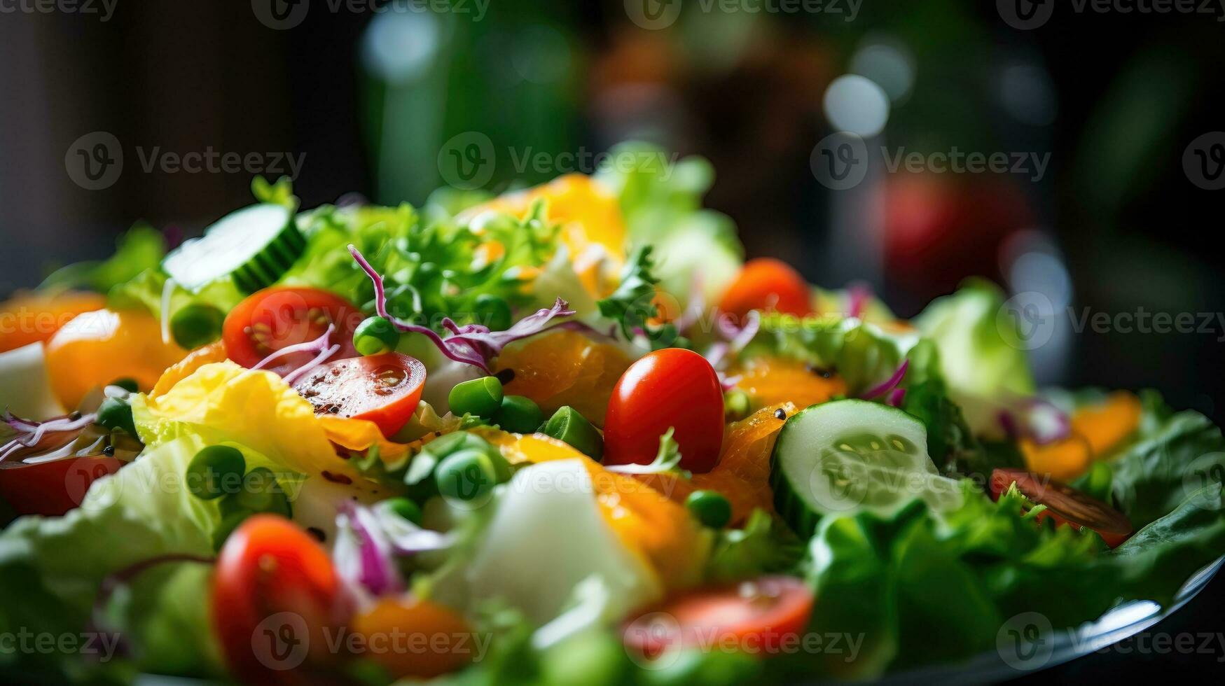 frisch Salat mit Kirsche Tomaten, Gurken, Grüner Salat und Sesam Saat ai generiert foto