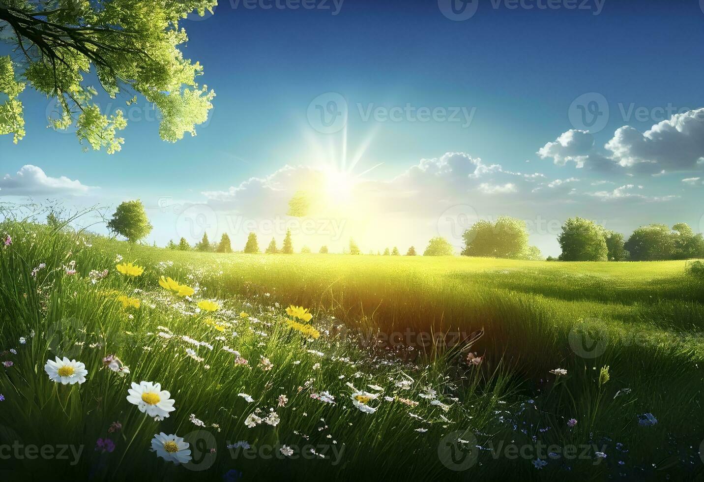 schön Wiese Feld mit frisch Gras und Gelb Löwenzahn Blumen im Natur gegen ein verschwommen Blau Himmel mit Wolken. Sommer- Frühling perfekt natürlich Landschaft ai generativ foto