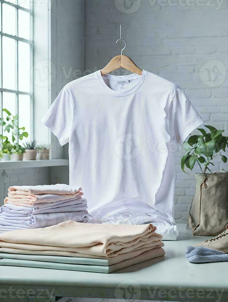 ein geschlossen Schuss von ein einfach Weiß T-Shirt Attrappe, Lehrmodell, Simulation. ai generativ foto