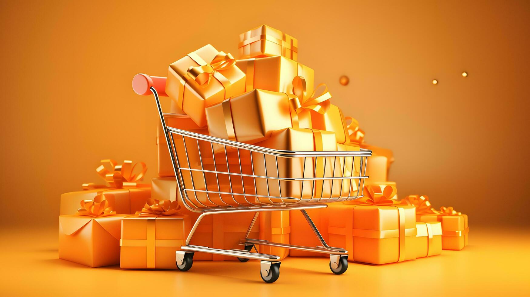 Einkaufen Wagen überfüllt mit golden Geschenk Kisten auf ein solide Orange Hintergrund foto